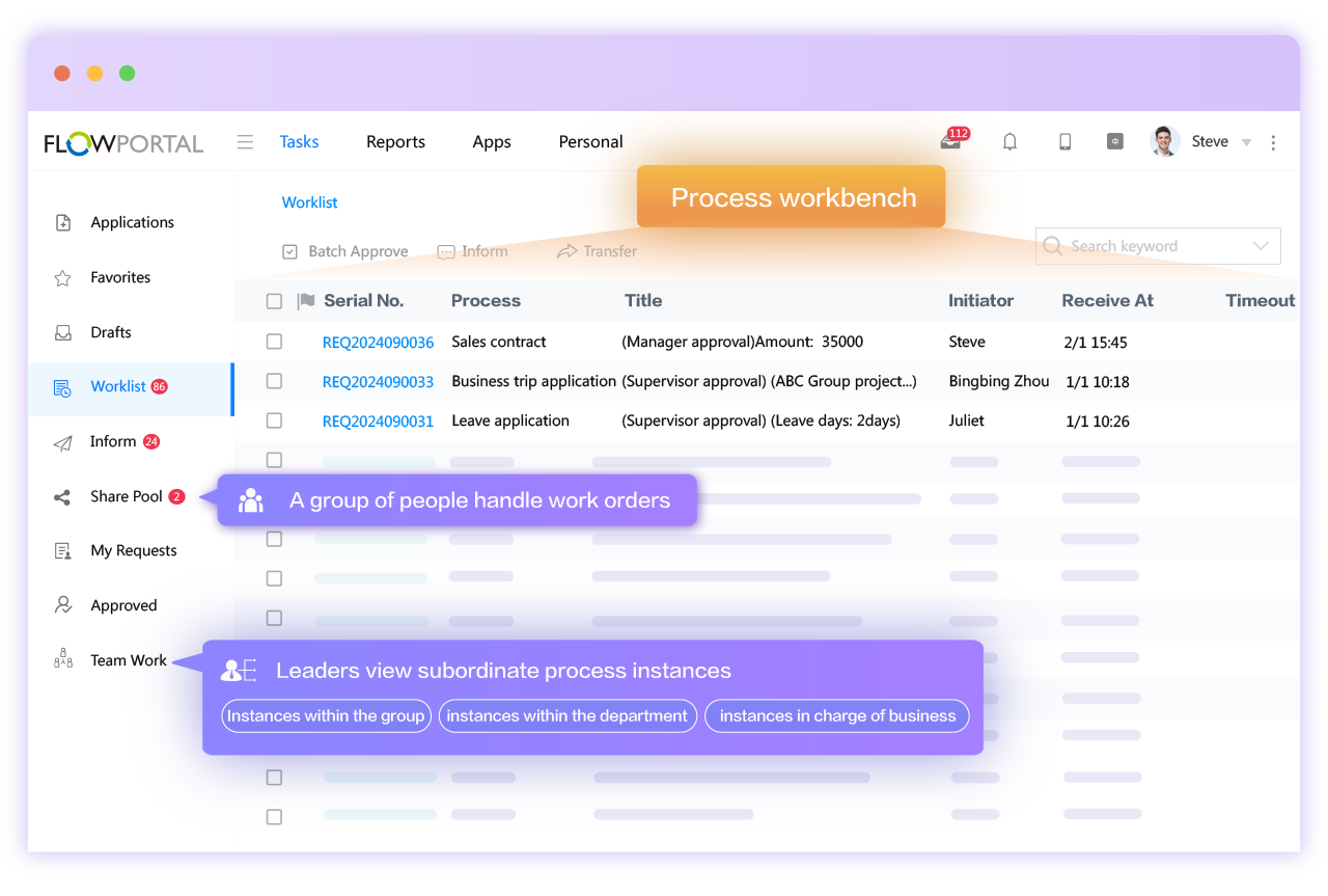 FlowPortal BPM offers multi - interfaces (worklist, inform list, task pool). Leaders view department & subordinate processes; business staff check business - related instances.