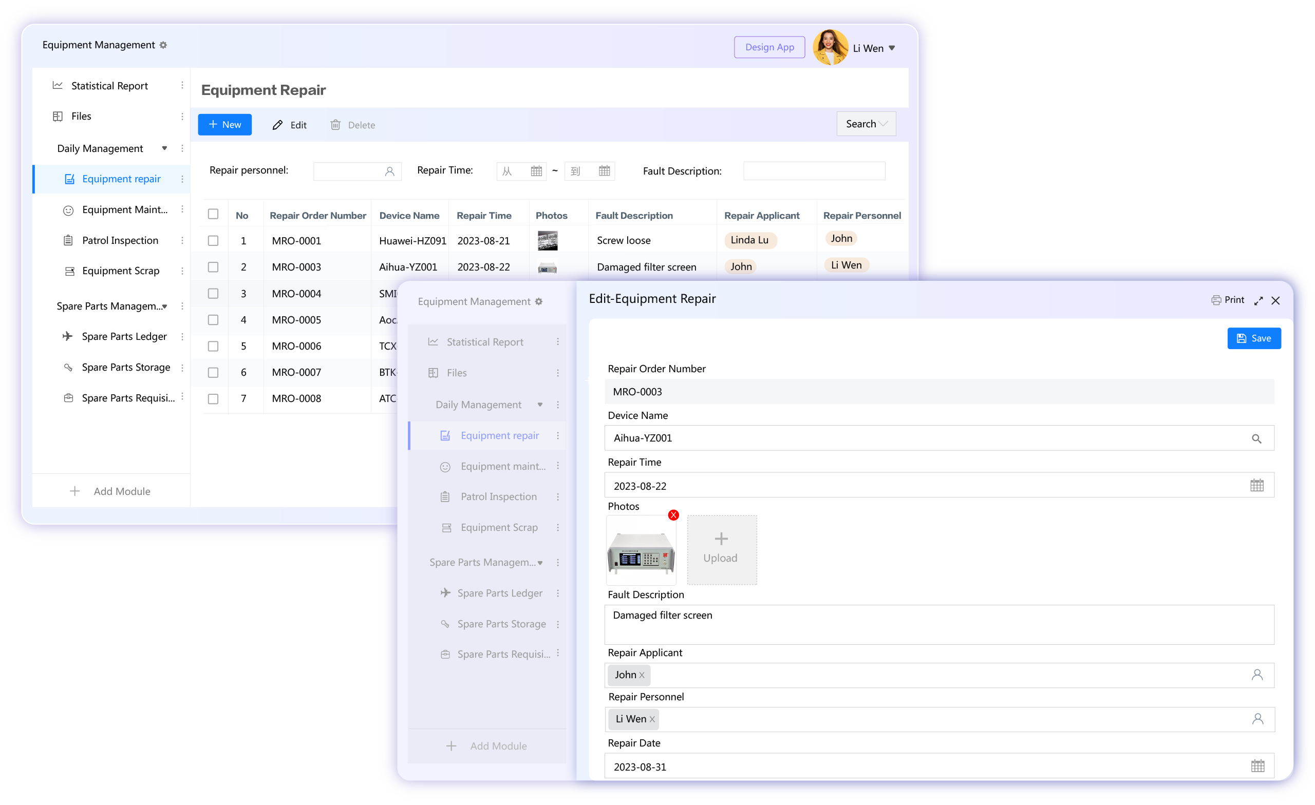 Business users self - build the Equipment Management app via FlowPortal's low - code platform. The app features list, form, and search.