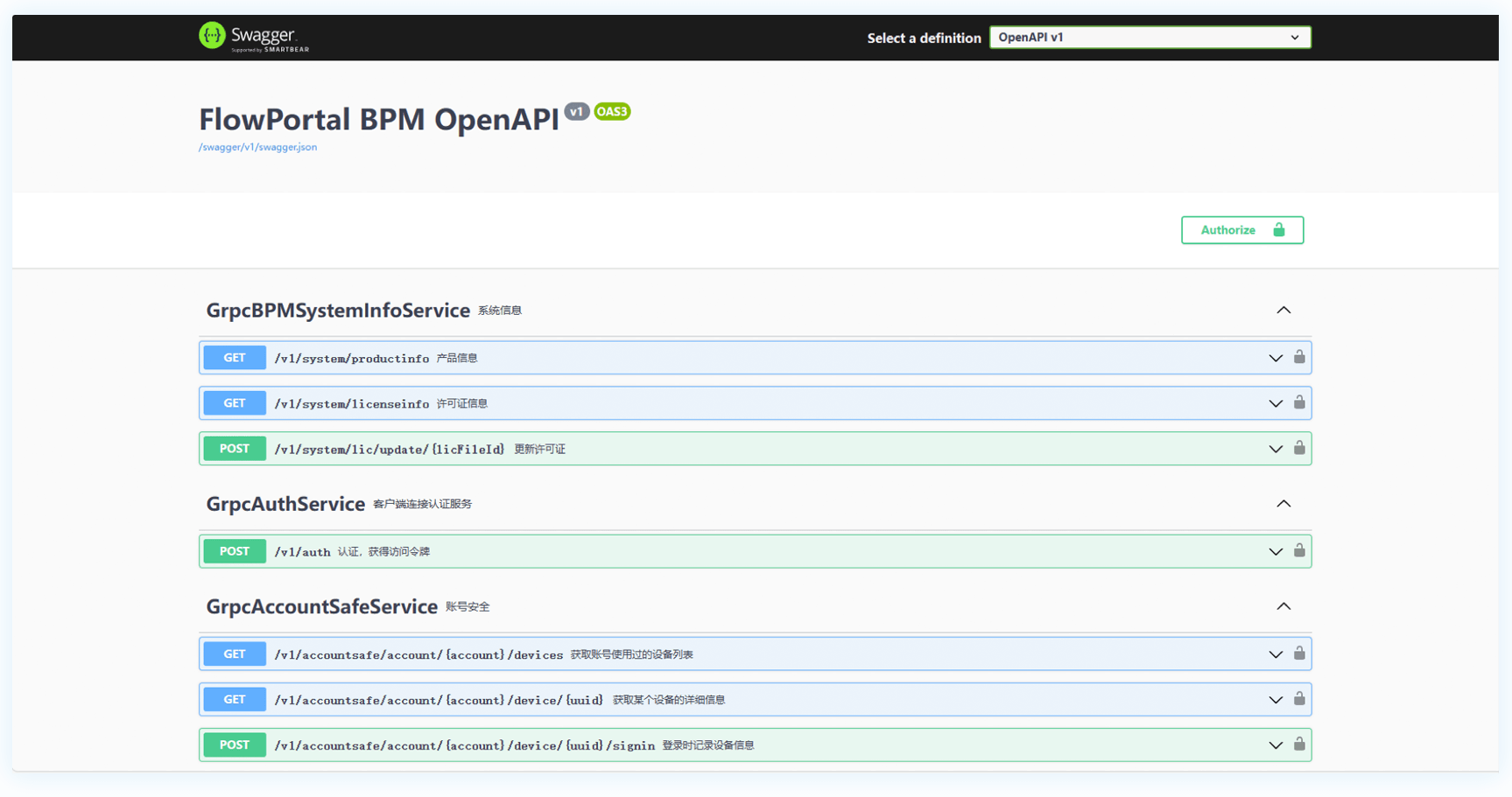 FlowPortal BPM engine OpenAPI documentation system covering core modules like system info, auth service and account security, always synced with the BPM engine
