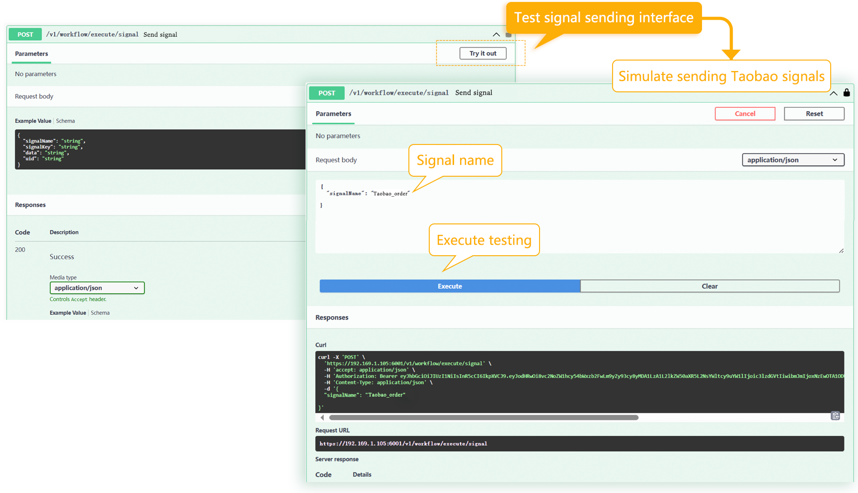 FlowPortal OpenAPI testing platform enabling real-time debugging of signal interfaces, with parameter configuration and instant response validation to accelerate API development and integration