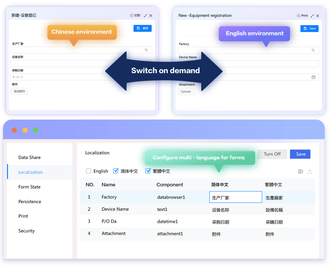 This is FlowPortal's multilingual config interface. It quickly enables multilingual support for app modules, facilitating global collaboration.