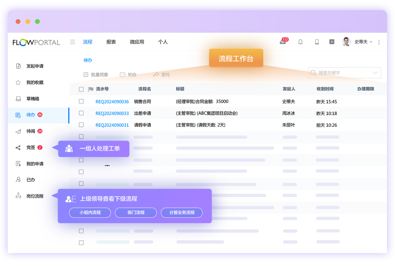 FlowPortal BPM流程待办工作台：集成待办/待阅/竞签/我的申请视图，支持个人/部门/业务多维筛选，助员工快速处理任务、管理者查看下属进度