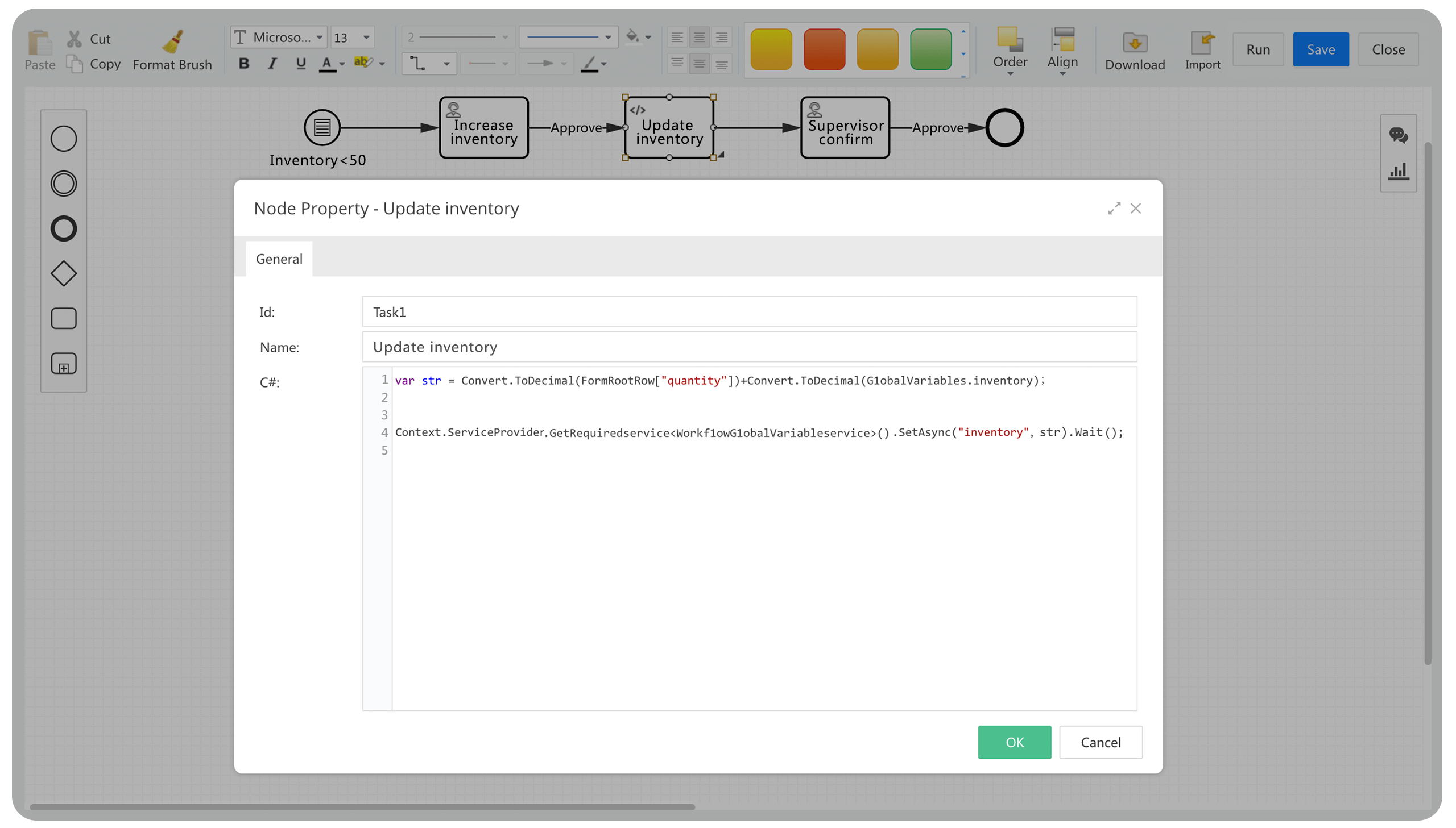 FlowPortal C# process engine development interface enabling unlimited business logic extension through C# code, as demonstrated in inventory update operations