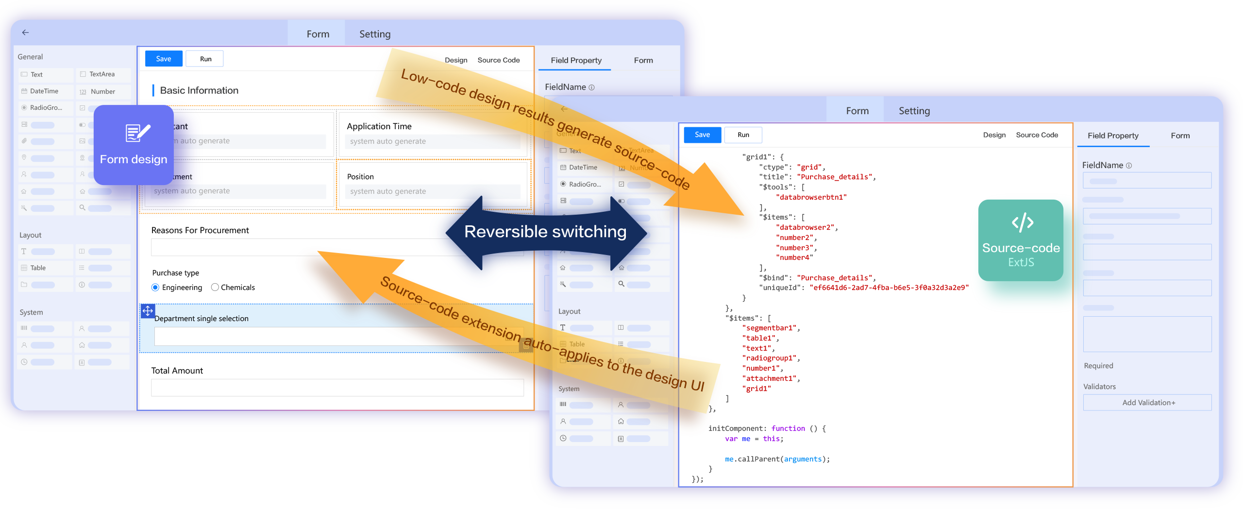 FlowPortal source-code form designer enabling business-friendly visual building with developer-ready extension capabilities for complex logic
